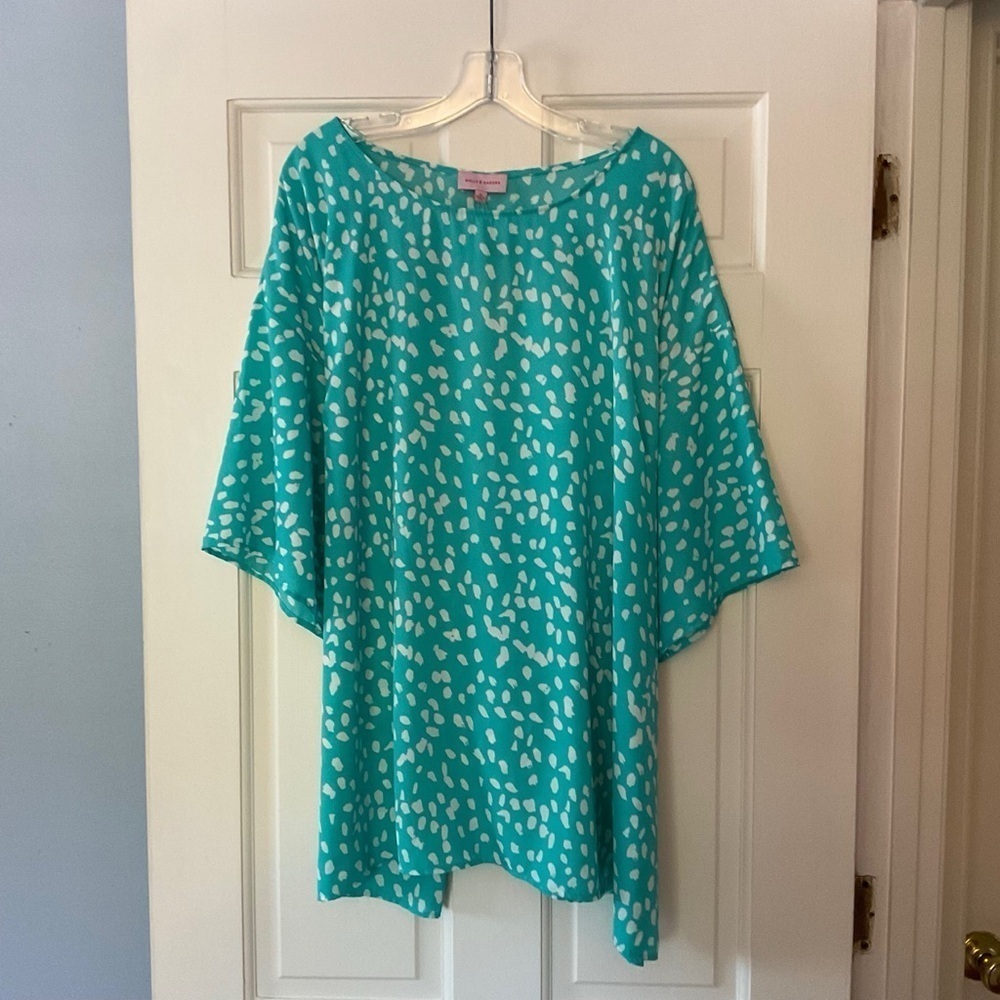 Molly And Isadora Tie Waist Blouse Top Blue Print Plus Size 4X NWT